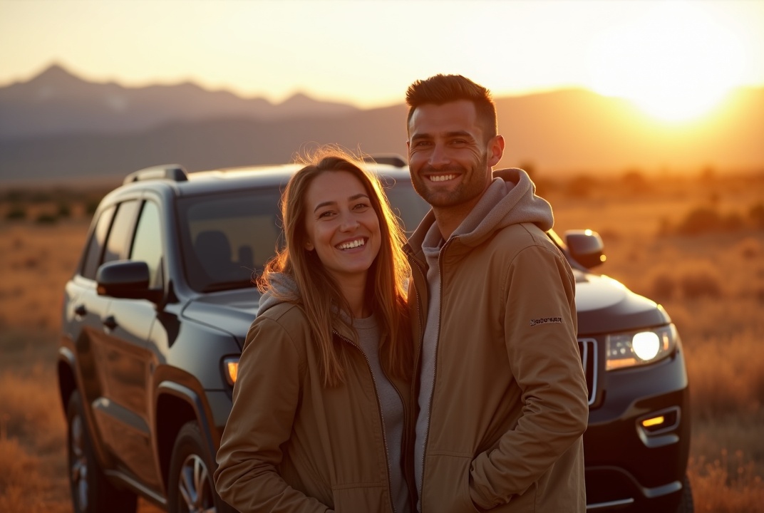 Couple smiling after receiving their new car